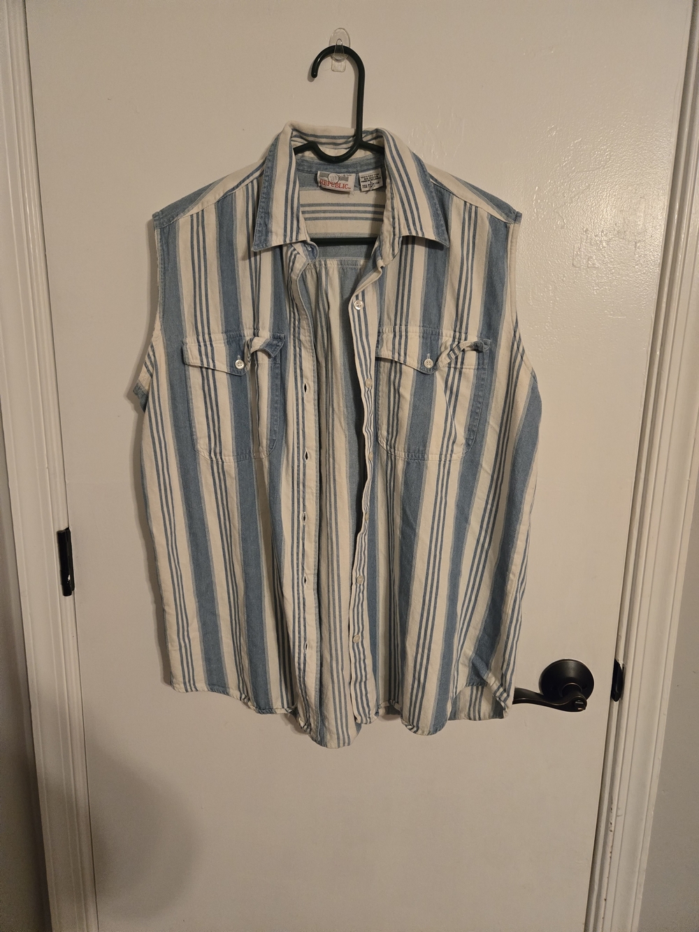 Vintage Sleeveless Button-Up Shirt - Blue & White Vertical Stripes Size Large